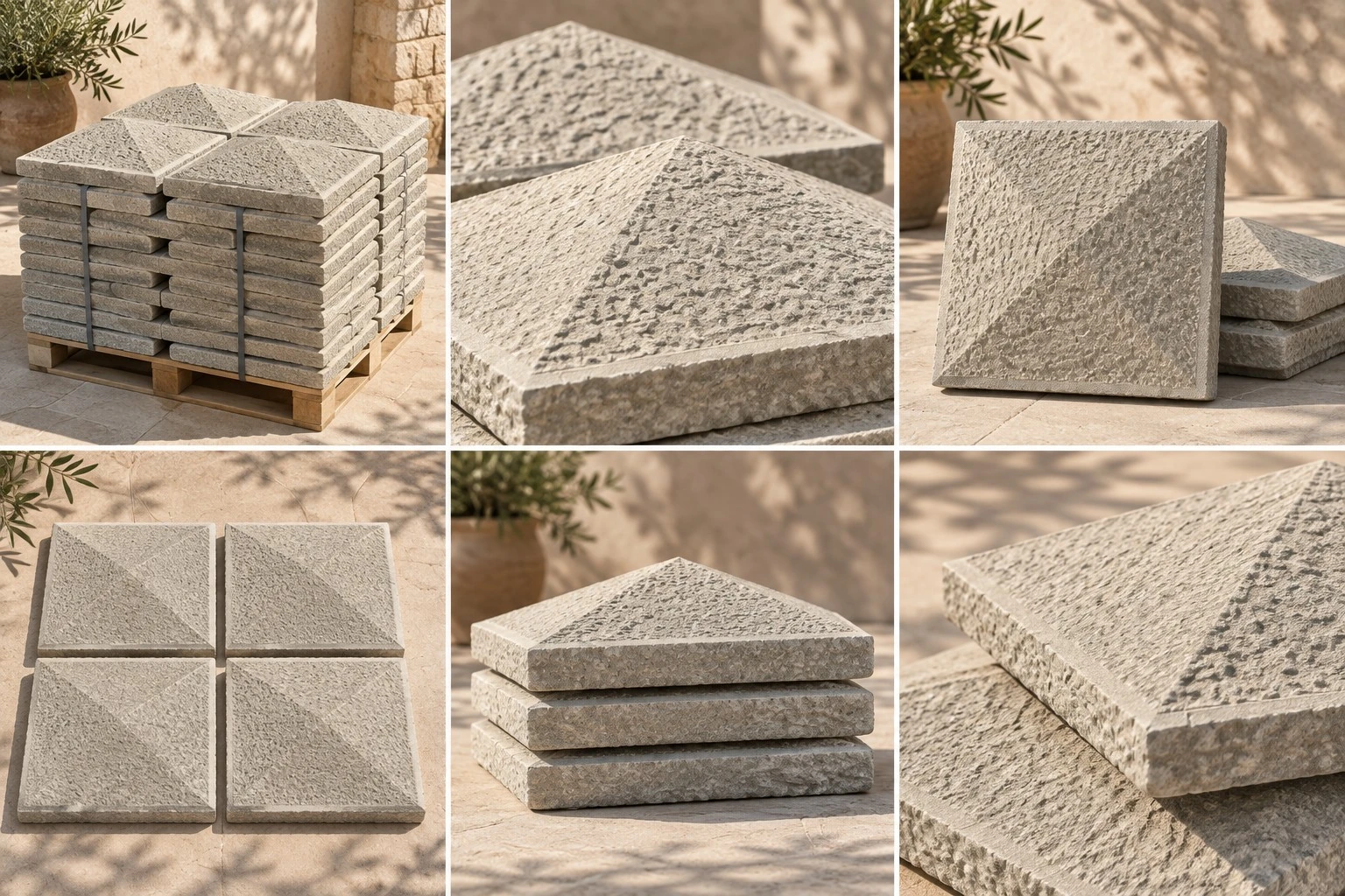Pyramidenförmige Mauerabdeckungen aus grauem Kalkstein aus Skrapar